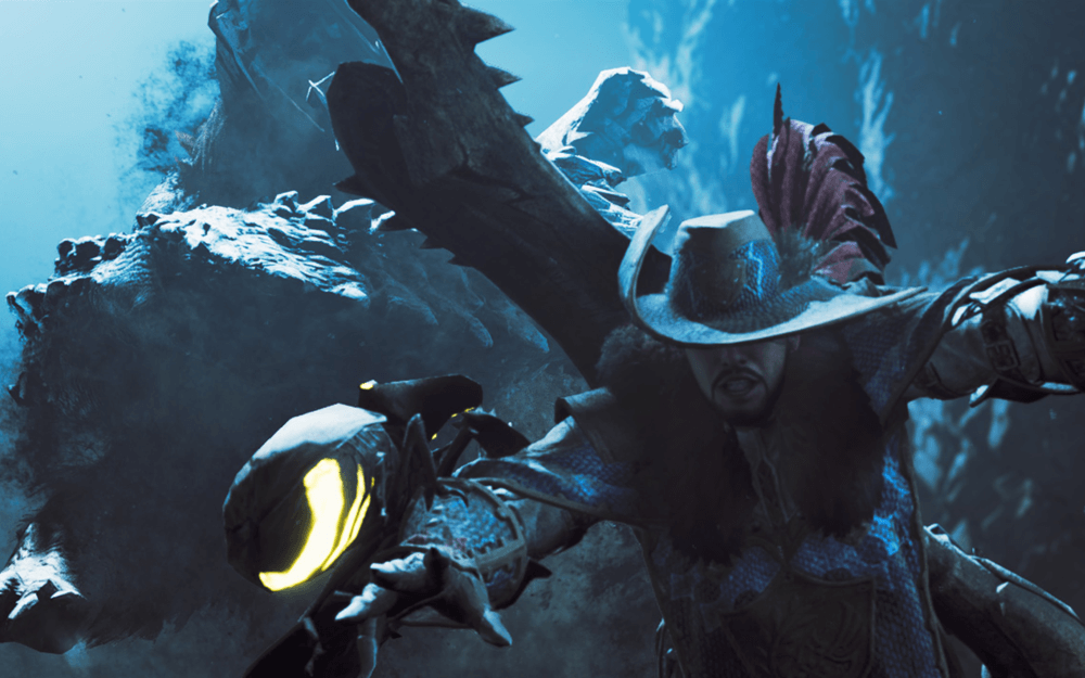 A screenshot from monster hunter wilds of a hunter with an insect glaive dodging a monsters attack