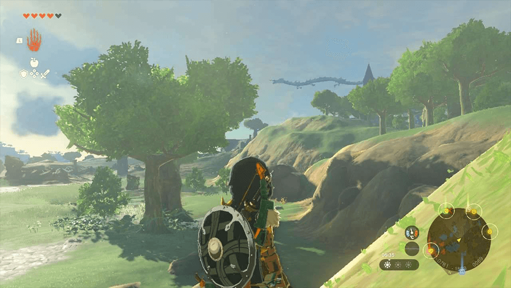 an imagine of zelda tears of the kingdom of link seeing a huge dragon flying in the sky