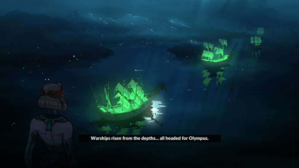 Hades 2 main characters looks at an ocean with ships that are in a green light