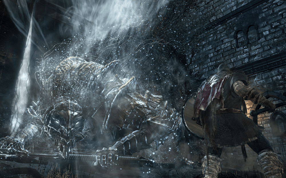 A screenshot from dark souls 3 of a warrior with his shield up ready to fight a boss