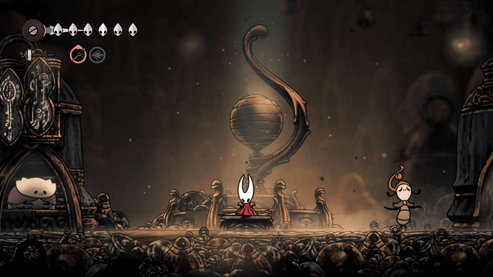 hornet from hollow knight silksong sitting on a bench in a village