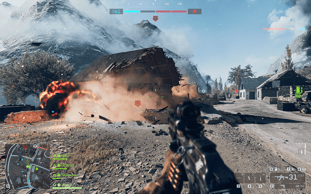 A Screenshot of Battlefield 6 showing a building that is exploding