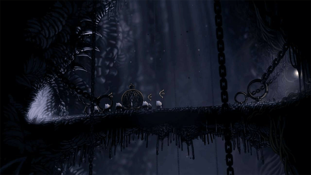 a cutscene from silksong of pilgrams walking over a bridge