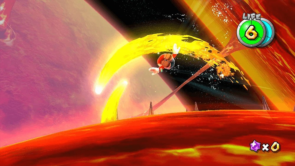 Mario flying over a fire planet