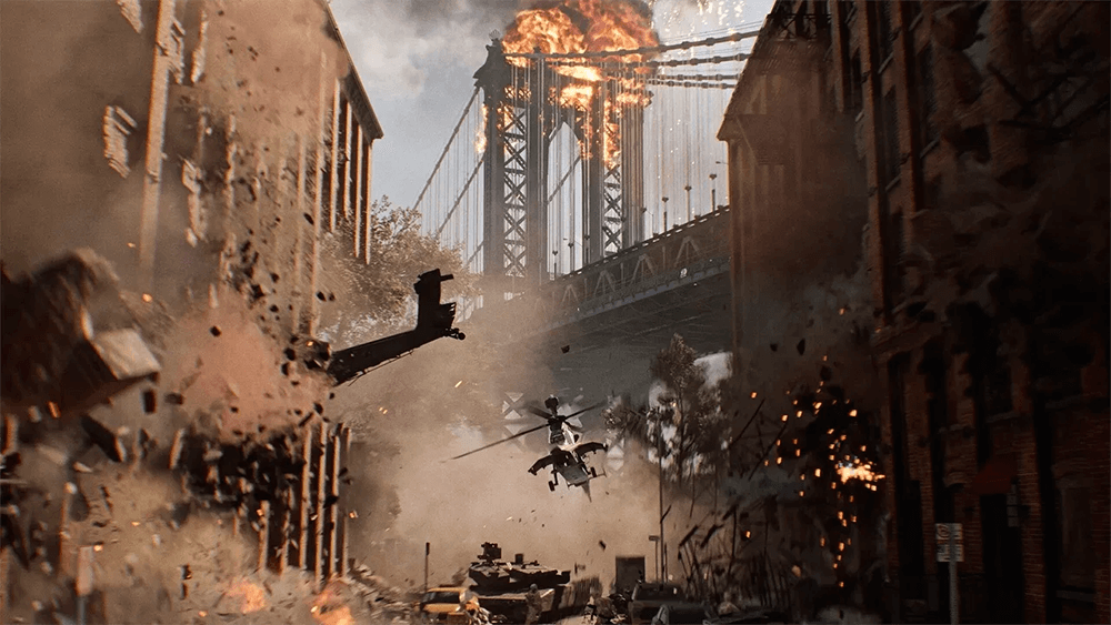A imagine from battlefield 6 showing a helicopter crashing down in a city