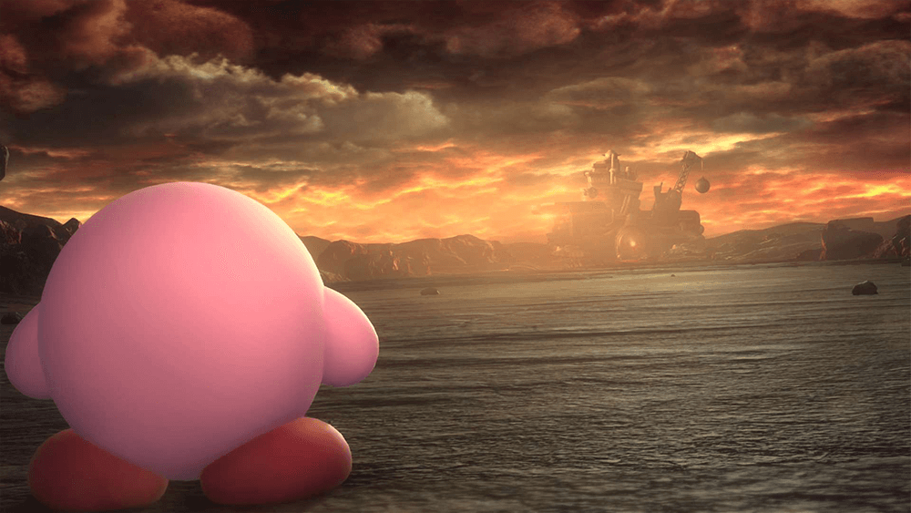 A screenshot of kirby air riders showing kirby looking into the distance looking at a big structure