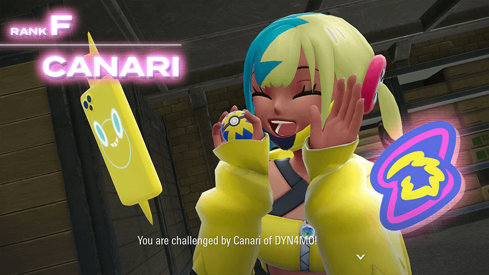 A Screenshot from Pokemon Legends Z-A Showing the Trainer Canari a cute Girl with Yellow Blue Hair
