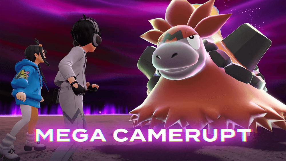 A Screenshot from Pokemon Legends Z-A showing 2 trainers facing off Mega Camerupt