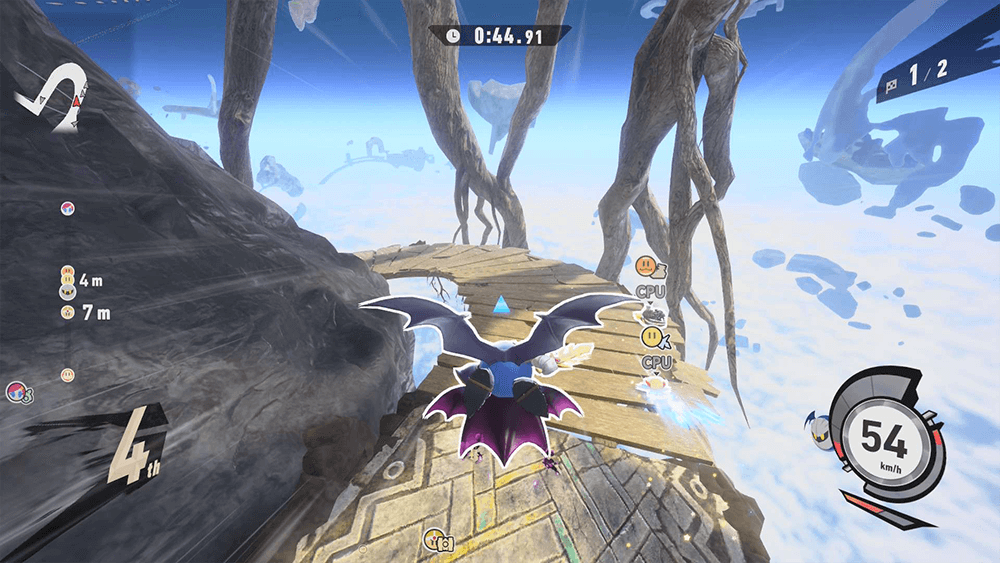 A screenshot of kirby air riders showing metaknight flying through the track