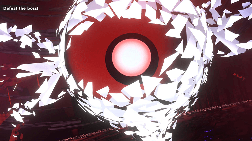 A screenshot of kirby air riders showing a boss in form of a big red eye