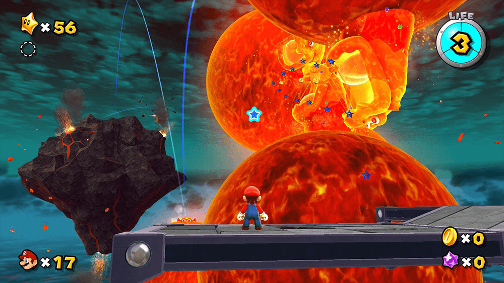 A screenshow from mario galaxy 2 showing mario facing a world full of lava