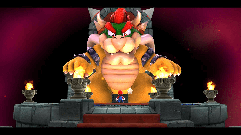 A screenshot from mario galaxy 2 showing mario infront of a giantic bowser