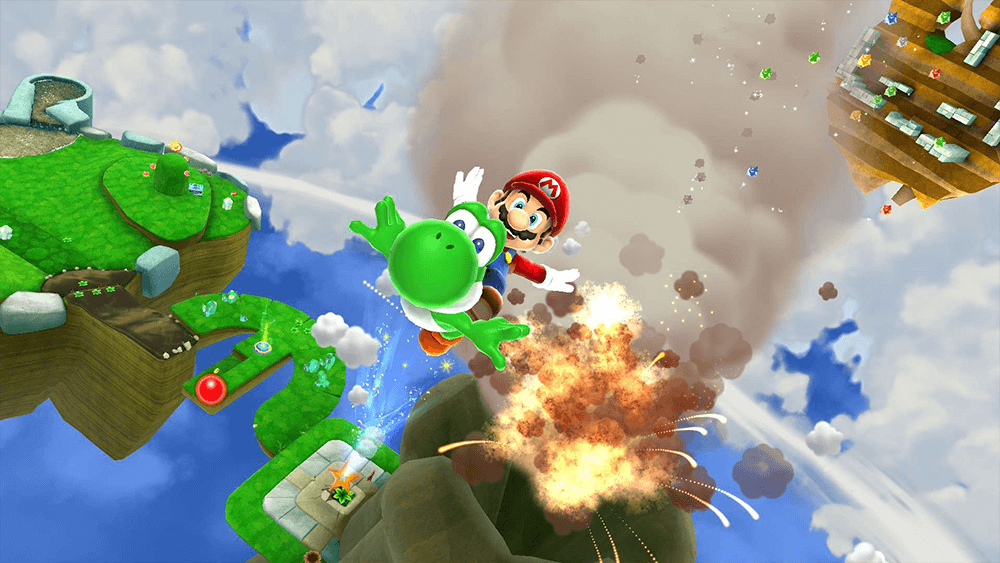 A picture of Super Mario Galaxy 2 showing Mario Riding on Yoshi through the galaxy