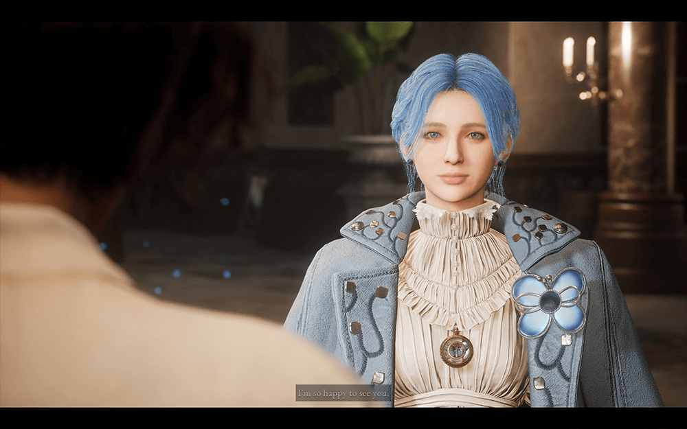 A screenshot from the game lies of p showing up a woman with blue hair talking to pinnochio