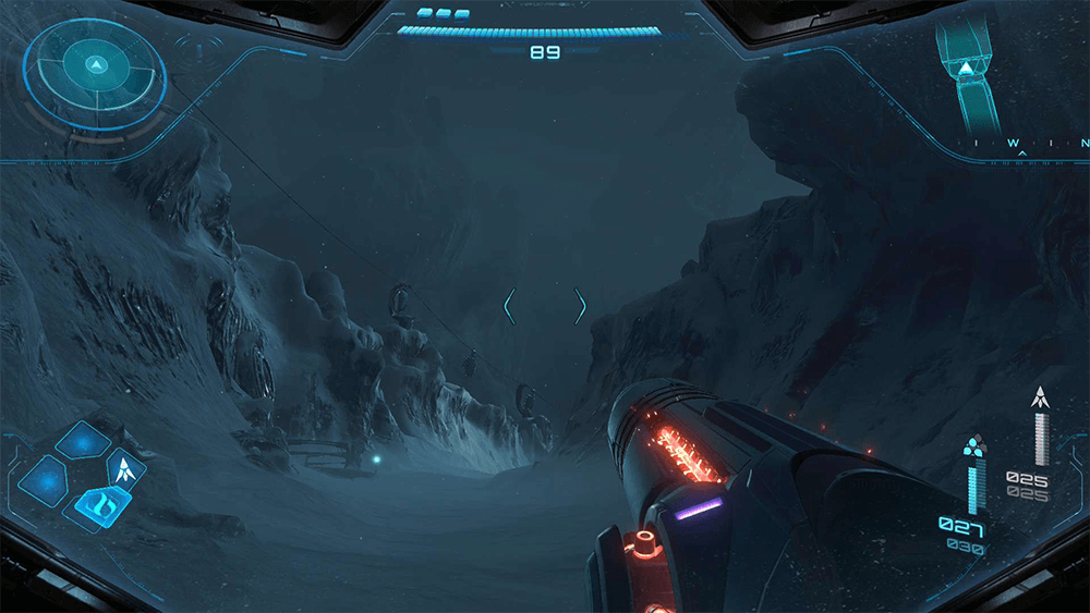 A screenshot from Metroid Prime 4 showing a very icy region with samus hud elements and her gun loaded
