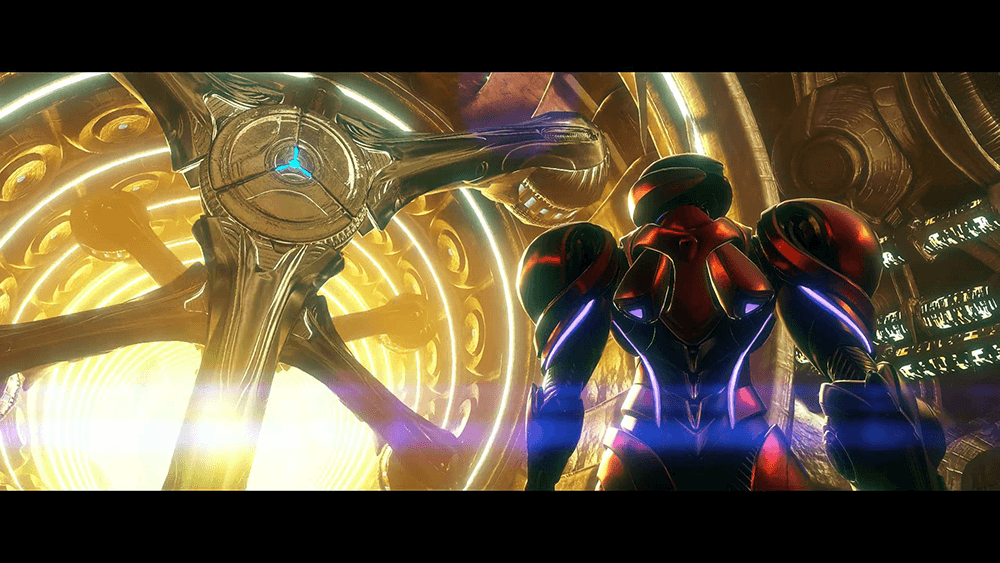 A screenshot from Metroid Prime 4 showing samus aran from the back starring at a yellow light up construct