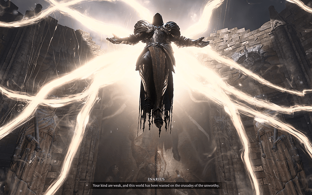 A screenshot from a cutscene from diablo 4 showing the angel inarius