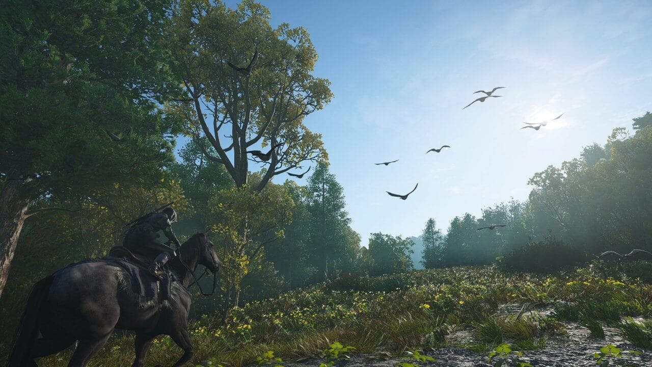 A screenshot of assassins creed shadows, showing the character riding a horse through a forest
