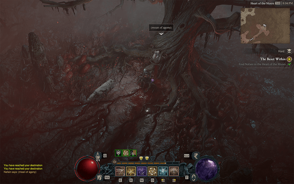 a screenshot from diablo 4 showing a dead bleeding black tree