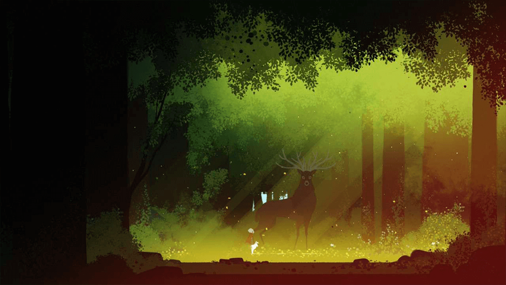 a screenshot from neva showing a deer in a green lush forest