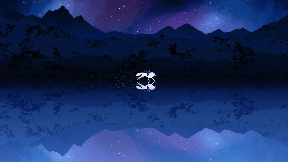 a screenshot from neva showing the main character riding on the wolf neva over the ice