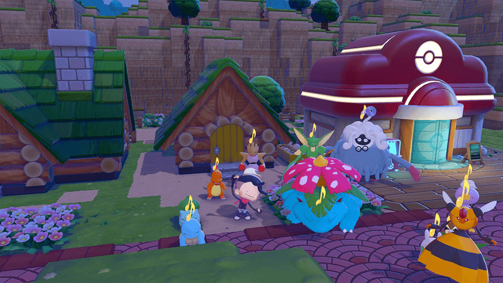 a pokopia screenshot showing multiple pokemon happy posing for the camera