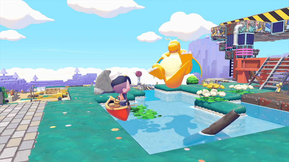 pokopia screenshot showing a dragon pokemon flying above a pond