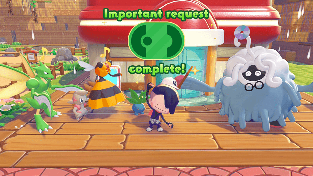 A pokopia screenshot showing pokemon happy infront of a pokecenter