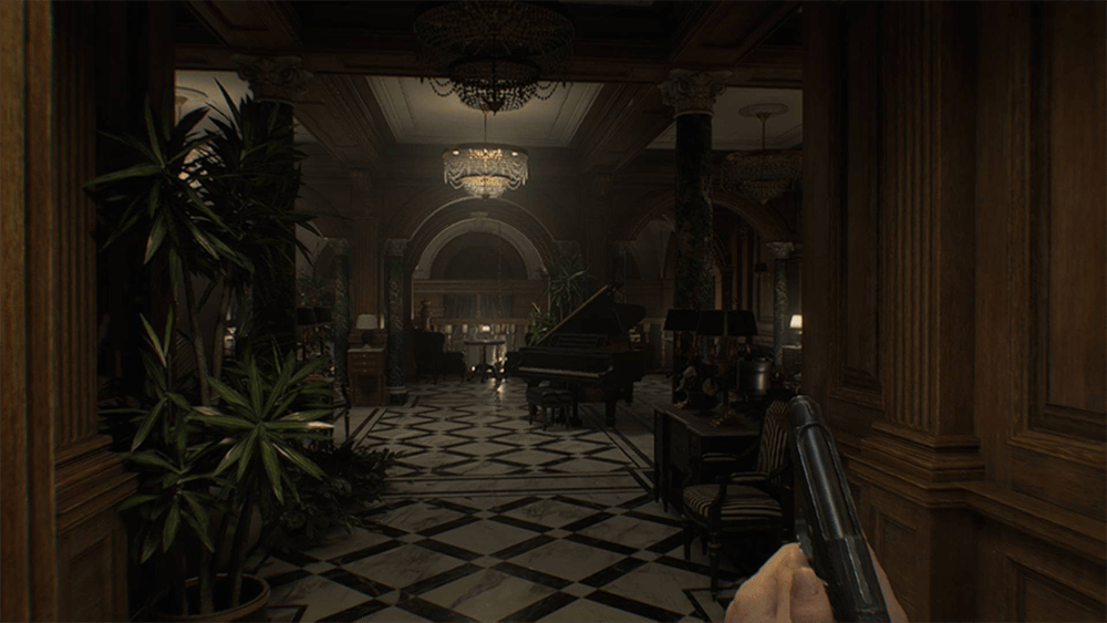 Resident Evil Requiem screenshot showing grace with a gun exploring a luxerious room