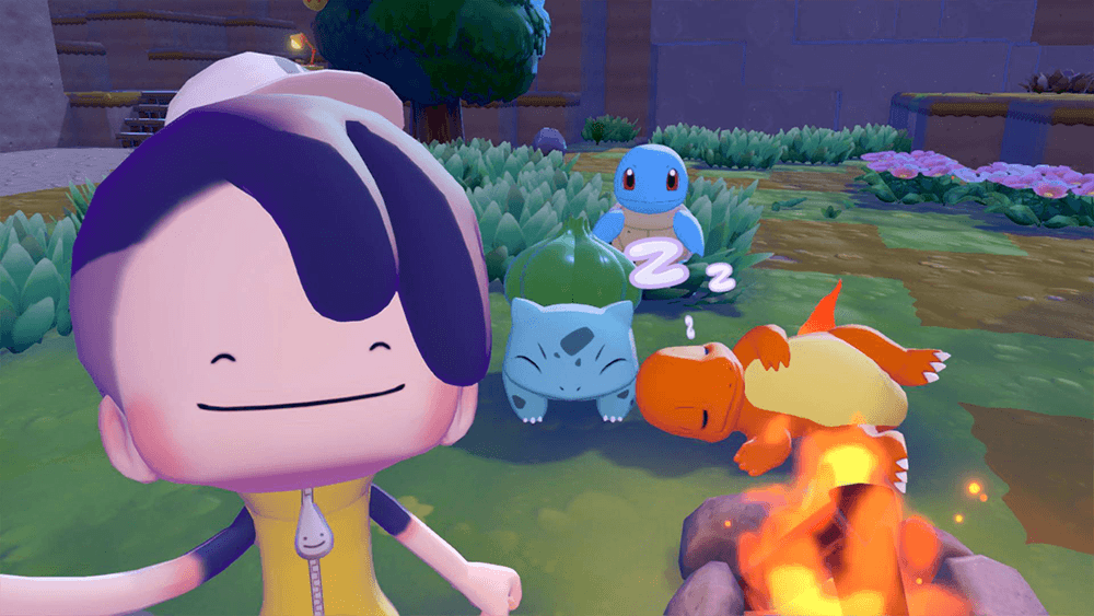A selfie made in pokopia showing 3 pokemon at a fire
