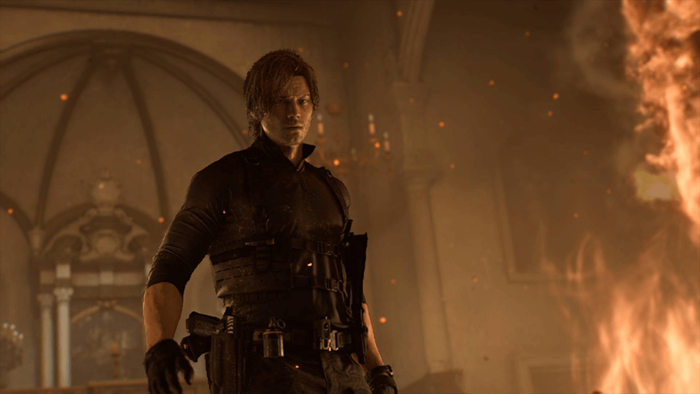 Resident Evil Requiem screenshot showing leon standing around in the fire