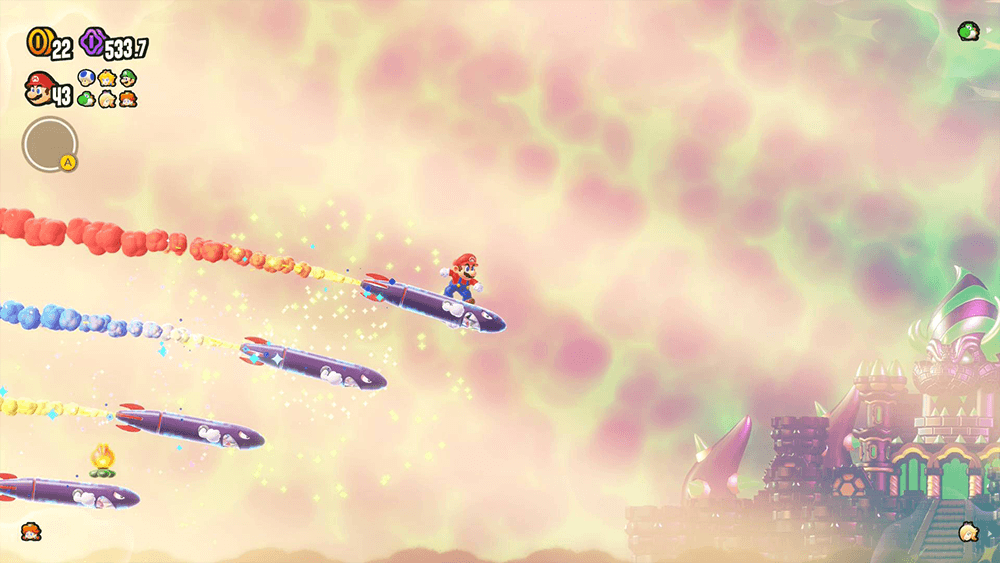 A Screenshot from Super Mario Wonder showing mario riding a rocket