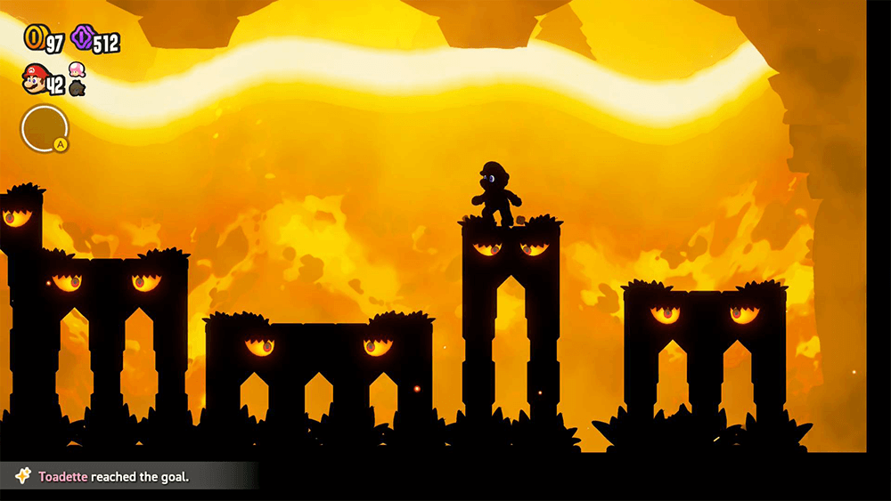 A Screenshot from Super Mario Wonder showing mario in a shadow world
