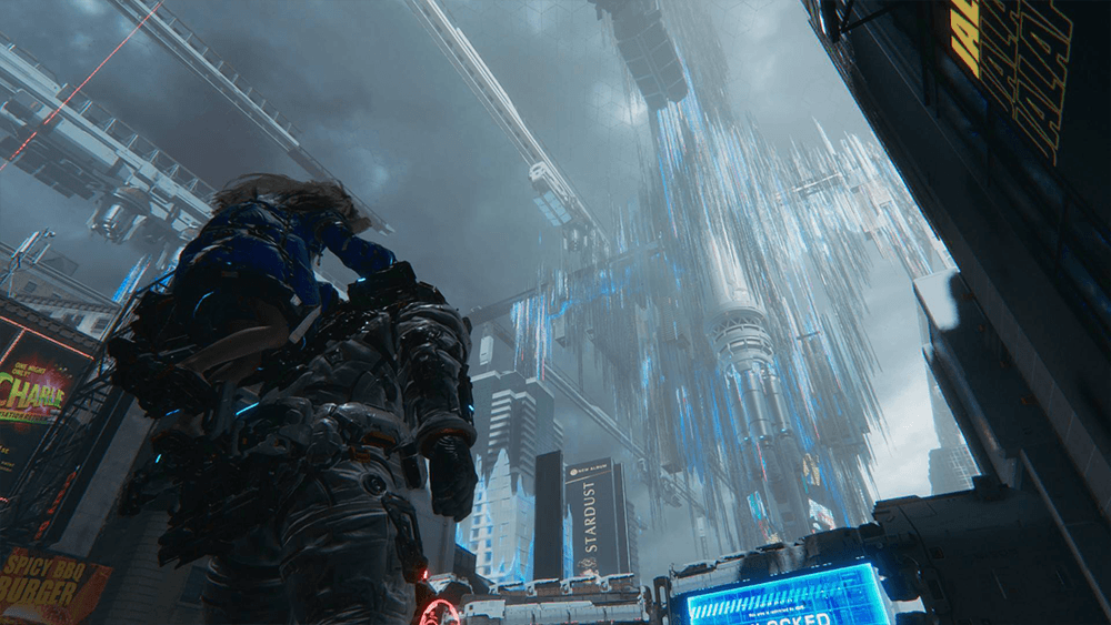 a screenshot of the game pragmata showing a almost frozen like world