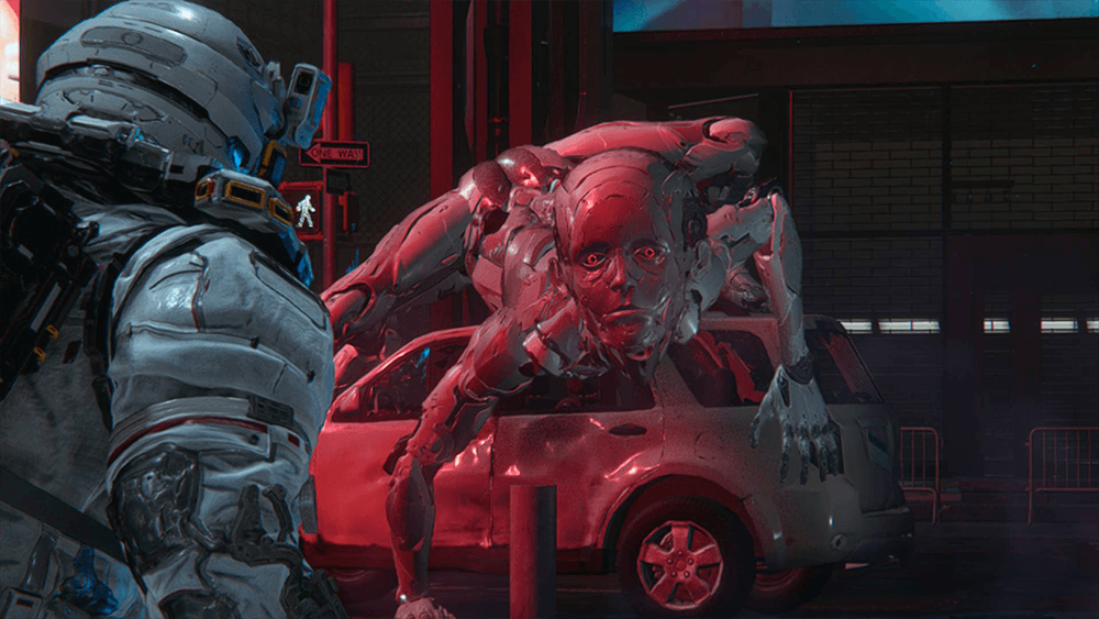a screenshot of the game pragmata on switch 2 showing a creepy human like robot