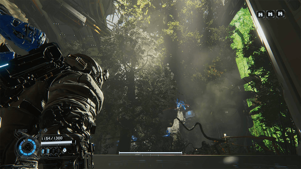 a screenshot of the game pragmata showing a jungle like area