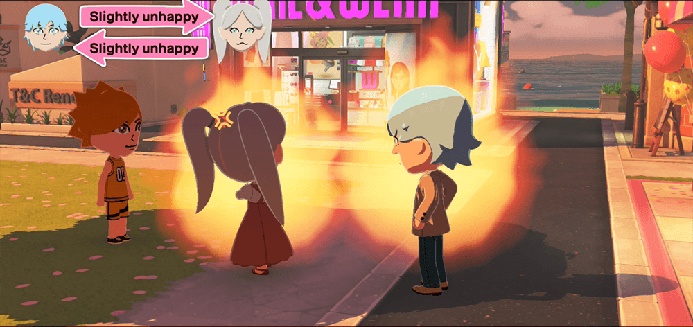 a screenshot from tomodachi life living the dream showing 2 miis angry at each other