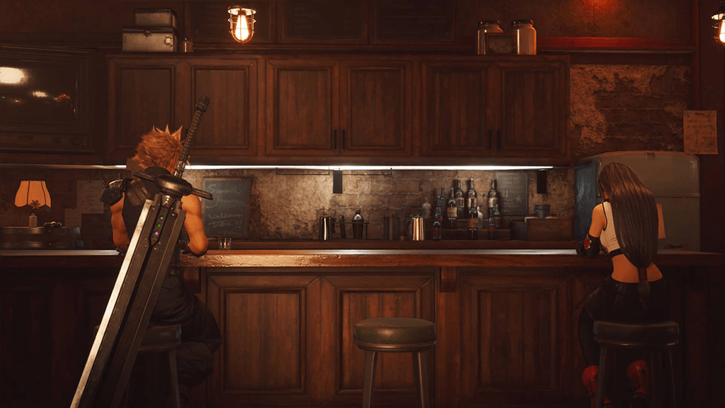 A screenshot from final fantasy 7 remake showing cloud and tifa in a bar