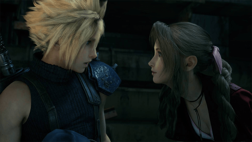 A screenshot from final fantasy 7 remake showing aerith and cloud