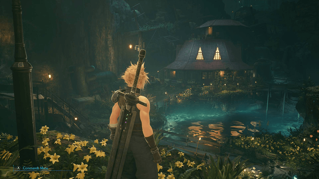 A screenshot from final fantasy 7 remake showing aeriths home at night full of flowers