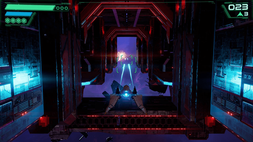 Star Fox Switch 2 gameplay screenshot showing the Arwing firing lasers through a neon lit enemy base corridor