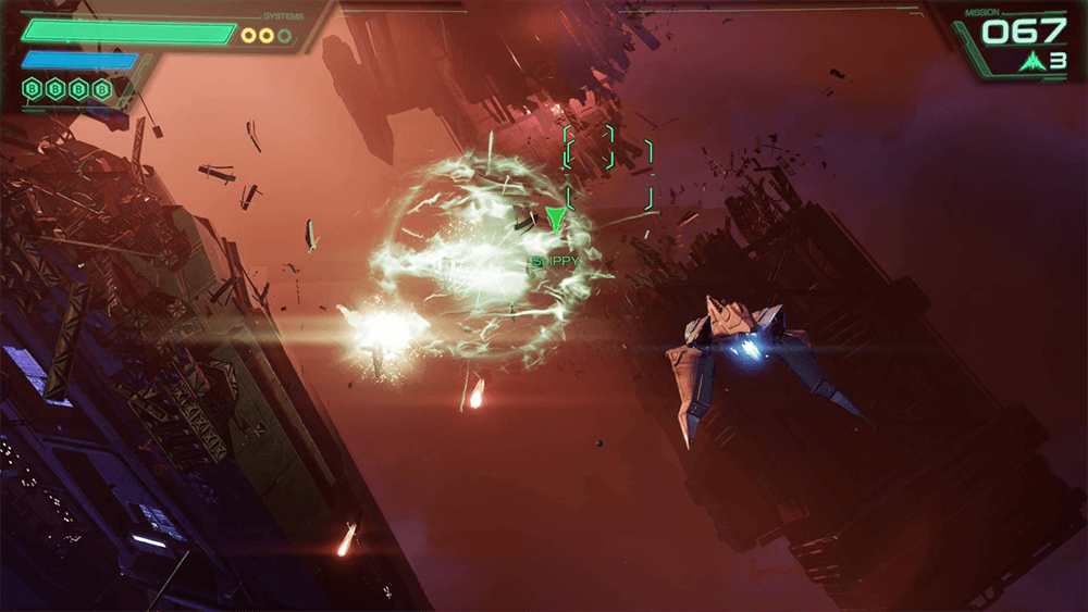 Star Fox Switch 2 gameplay screenshot showing the Arwing rescuing Slippy from an enemy energy blast in space
