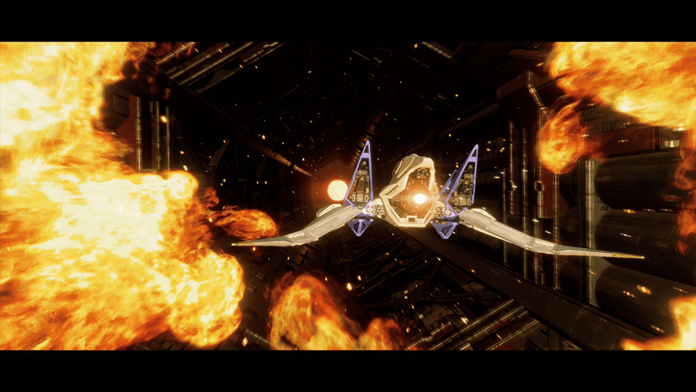 Star Fox Switch 2 gameplay screenshot showing the Arwing flying through an exploding corridor
