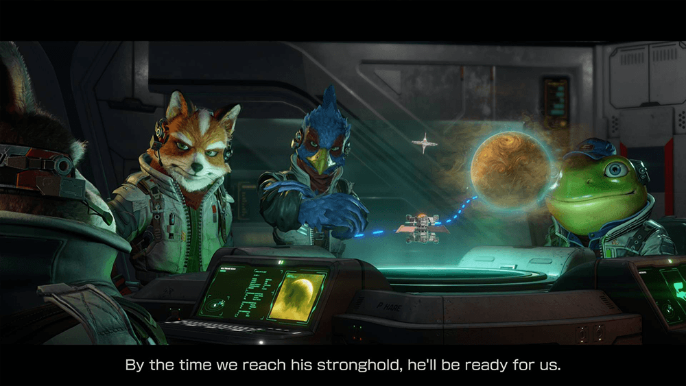 Star Fox Switch 2 cutscene showing Fox McCloud, Falco and Slippy planning their mission around a holographic planet