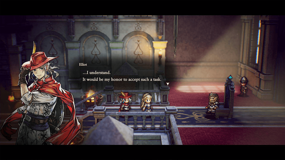 The Adventures of Elliot gameplay screenshot showing a dialogue scene with character portrait in an ornate throne room
