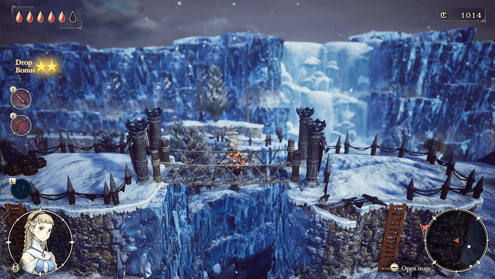 The Adventures of Elliot Switch 2 gameplay screenshot showing Elliot crossing a rope bridge in a snowy mountain environment