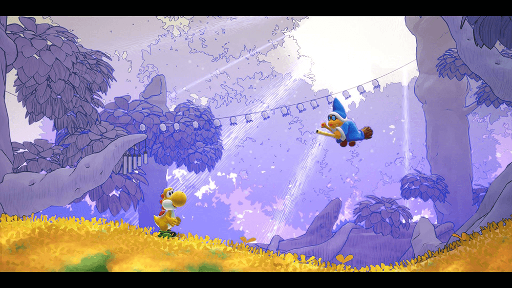 Yoshi and the Mysterious Book gameplay screenshot showing yellow Yoshi in a dreamy illustrated forest environment with a flying enemy