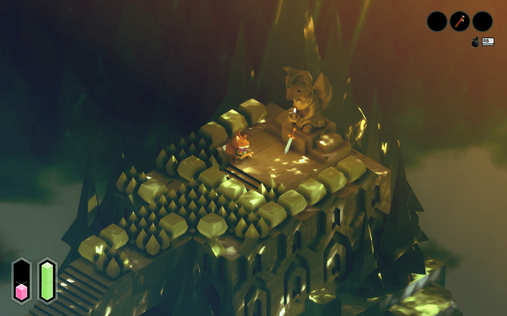 Tunic gameplay screenshot showing the fox character kneeling before a large statue on a spiked golden structure