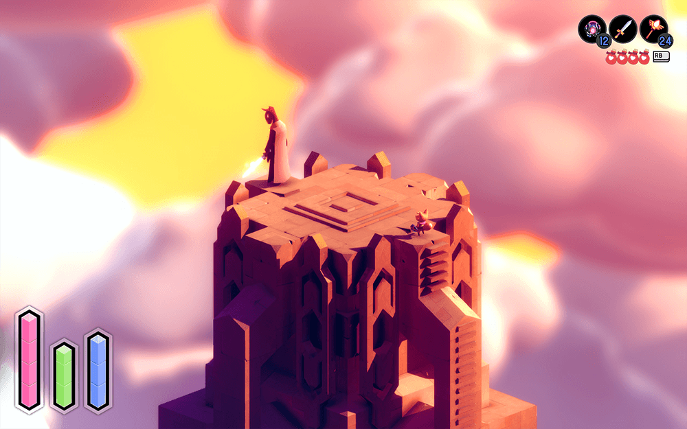 Tunic gameplay screenshot showing the fox character standing atop a tall golden tower surrounded by pink clouds