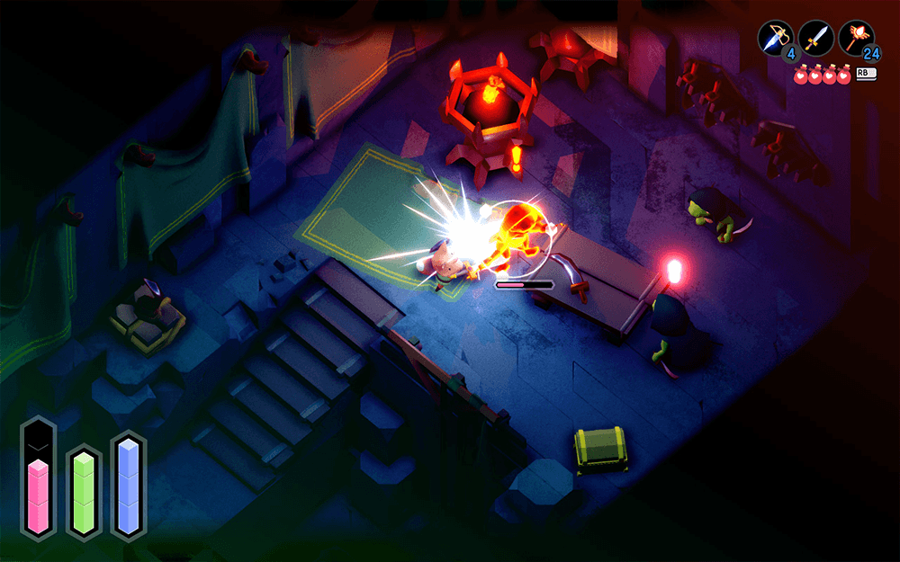 Tunic gameplay screenshot showing the fox character in combat, striking an enemy with a glowing sword attack